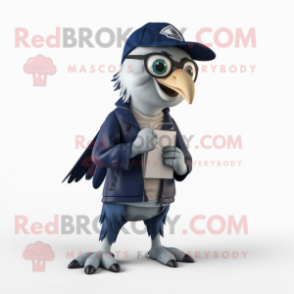 Navy Archeopteryx mascot costume character dressed with a Long Sleeve Tee and Reading glasses