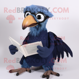 Navy Archeopteryx mascot costume character dressed with a Long Sleeve Tee and Reading glasses