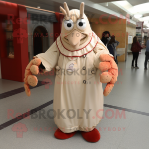 Beige Lobster Bisque mascot costume character dressed with a A-Line Dress and Shawls