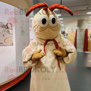 Beige Lobster Bisque mascot costume character dressed with a A-Line Dress and Shawls