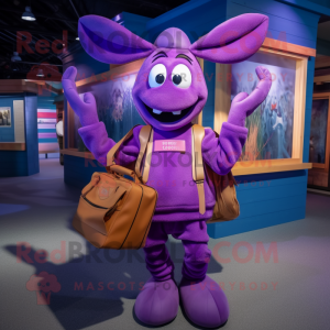 Purple Lobster Bisque mascot costume character dressed with a Jacket and Tote bags