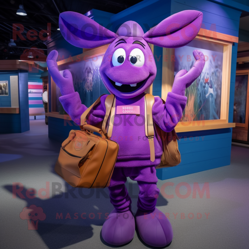 Purple Lobster Bisque mascot costume character dressed with a Jacket and Tote bags Purple Lobster Bisque mascot costume character dressed with a Jacket and Tote bags