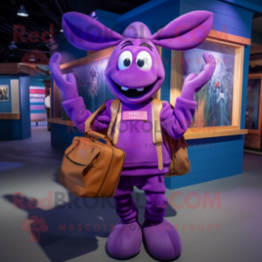 Purple Lobster Bisque mascot costume character dressed with a Jacket and Tote bags