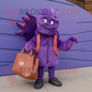 Purple Lobster Bisque mascot costume character dressed with a Jacket and Tote bags