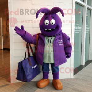 Purple Lobster Bisque mascot costume character dressed with a Jacket and Tote bags