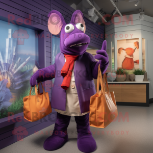 Purple Lobster Bisque mascot costume character dressed with a Jacket and Tote bags