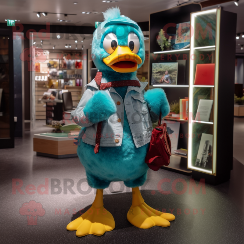 Turquoise Duck mascot costume character dressed with a Flare Jeans and Clutch bags