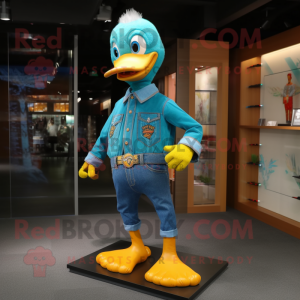 Turquoise Duck mascot costume character dressed with a Flare Jeans and Clutch bags