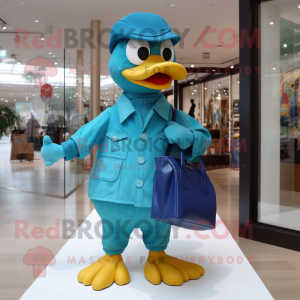 Turquoise Duck mascot costume character dressed with a Flare Jeans and Clutch bags