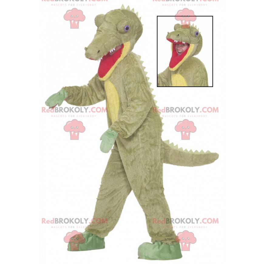 Green crocodile dinosaur mascot with big teeth - Redbrokoly.com