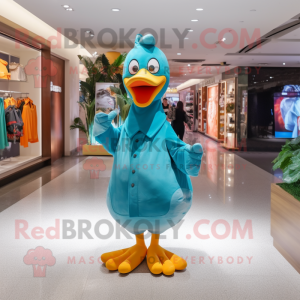 Turquoise Duck mascot costume character dressed with a Flare Jeans and Clutch bags