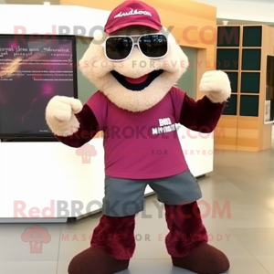 Maroon Momentum mascot costume character dressed with a Flannel Shirt and Sunglasses