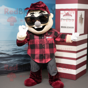 Maroon Momentum mascot costume character dressed with a Flannel Shirt and Sunglasses