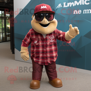 Maroon Momentum mascot costume character dressed with a Flannel Shirt and Sunglasses