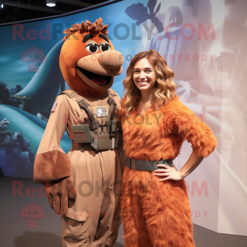 Rust Air Force Soldier mascot costume character dressed with a Maxi Dress and Anklets Rust Air Force Soldier mascot costume character dressed with a Maxi Dress and Anklets