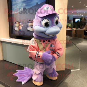 Lavender Salmon mascot costume character dressed with a Jacket and Bracelet watches