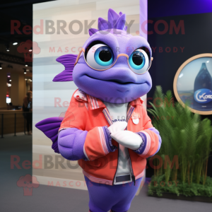 Lavender Salmon mascot costume character dressed with a Jacket and Bracelet watches