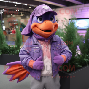 Lavender Salmon mascot costume character dressed with a Jacket and Bracelet watches