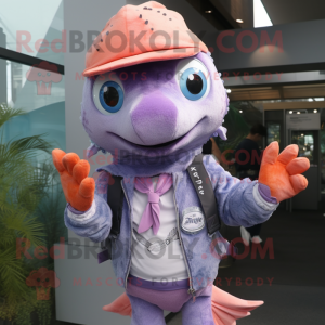 Lavender Salmon mascot costume character dressed with a Jacket and Bracelet watches