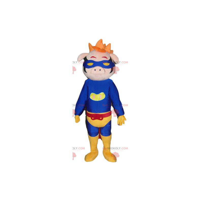 Mascota de cerdo vestida con traje de superhéroe -