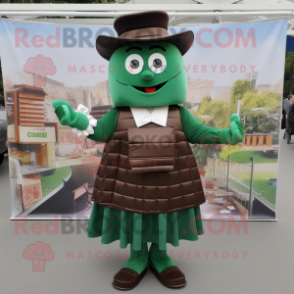 Forest Green Chocolate Bar mascot costume character dressed with a Pleated Skirt and Messenger bags