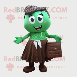 Forest Green Chocolate Bar mascot costume character dressed with a Pleated Skirt and Messenger bags