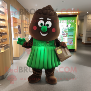 Forest Green Chocolate Bar mascot costume character dressed with a Pleated Skirt and Messenger bags