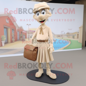 Tan Stilt Walker mascot costume character dressed with a Blouse and Clutch bags