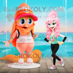 Peach Mermaid mascot costume character dressed with a Bikini and Beanies