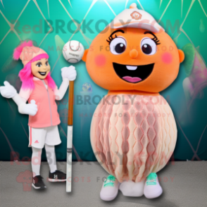 Peach Mermaid mascot costume character dressed with a Bikini and Beanies