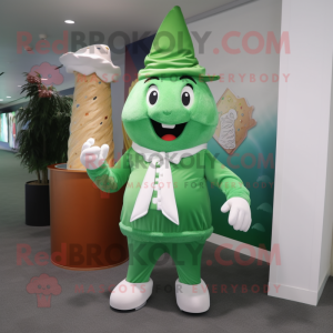 Green Ice Cream mascot costume character dressed with a Vest and Shawl pins