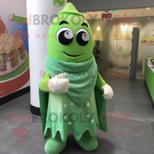 Green Ice Cream mascot costume character dressed with a Vest and Shawl pins