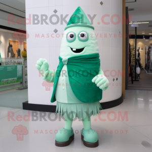 Green Ice Cream mascot costume character dressed with a Vest and Shawl pins