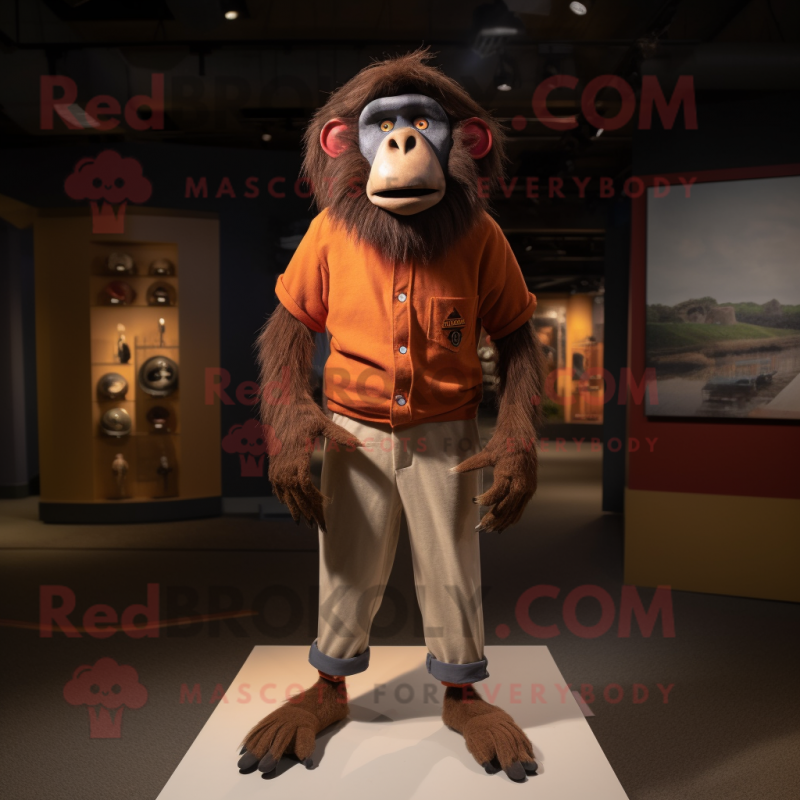 Rust Baboon mascot costume character dressed with a Joggers and Bow ties Rust Baboon mascot costume character dressed with a Joggers and Bow ties