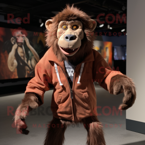 Rust Baboon mascot costume character dressed with a Joggers and Bow ties