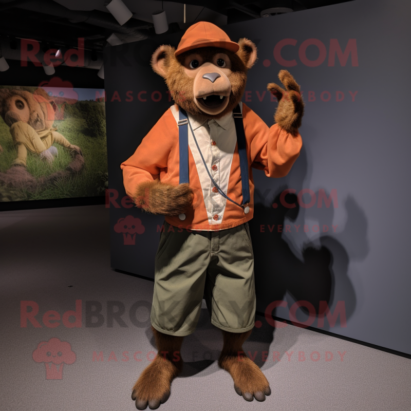 Rust Baboon mascot costume character dressed with a Joggers and Bow ties