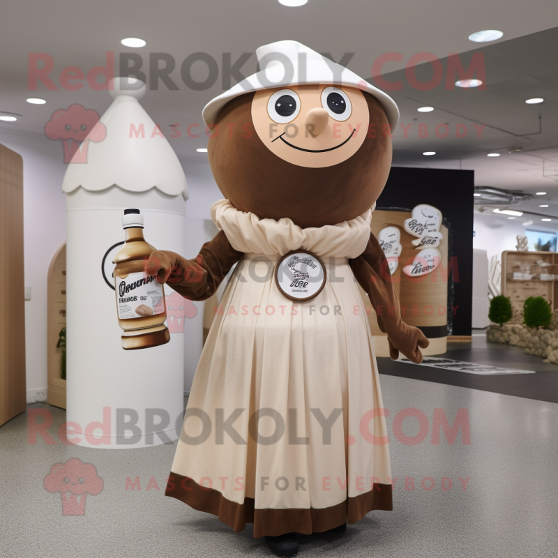 Brown Bottle Of Milk mascot costume character dressed with a Wrap Dress and Berets