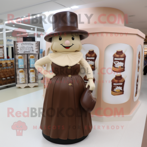 Brown Bottle Of Milk mascot costume character dressed with a Wrap Dress and Berets