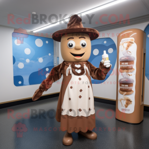 Brown Bottle Of Milk mascot costume character dressed with a Wrap Dress and Berets