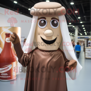 Brown Bottle Of Milk mascot costume character dressed with a Wrap Dress and Berets