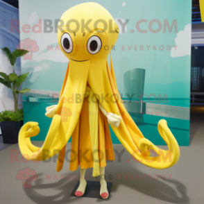 Lemon Yellow Squid mascot costume character dressed with a Skirt and Scarf clips