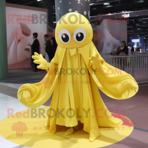 Lemon Yellow Squid mascot costume character dressed with a Skirt and Scarf clips