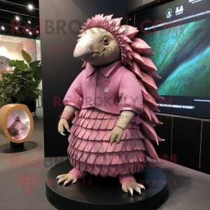 Pink Pangolin mascot costume character dressed with a Pleated Skirt and Cufflinks