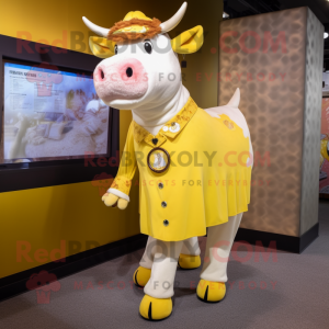 Yellow Hereford Cow mascot costume character dressed with a Skirt and Lapel pins