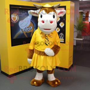 Yellow Hereford Cow mascot costume character dressed with a Skirt and Lapel pins