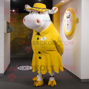 Yellow Hereford Cow mascot costume character dressed with a Skirt and Lapel pins