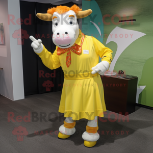 Yellow Hereford Cow mascot costume character dressed with a Skirt and Lapel pins