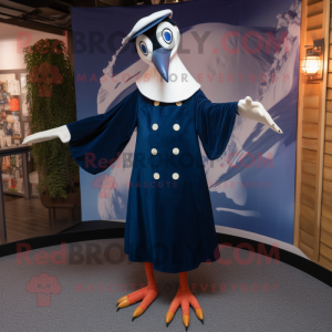 Navy Stilt Walker mascot costume character dressed with a Romper and Shawl pins