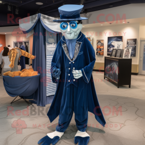 Navy Stilt Walker mascot costume character dressed with a Romper and Shawl pins
