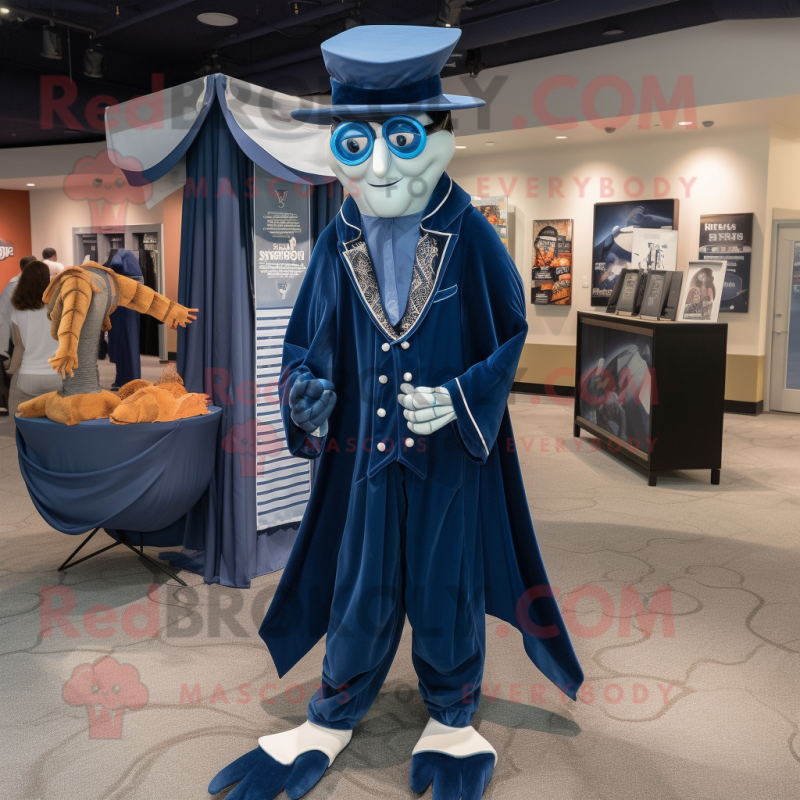 Navy Stilt Walker mascot costume character dressed with a Romper and Shawl pins Navy Stilt Walker mascot costume character dressed with a Romper and Shawl pins